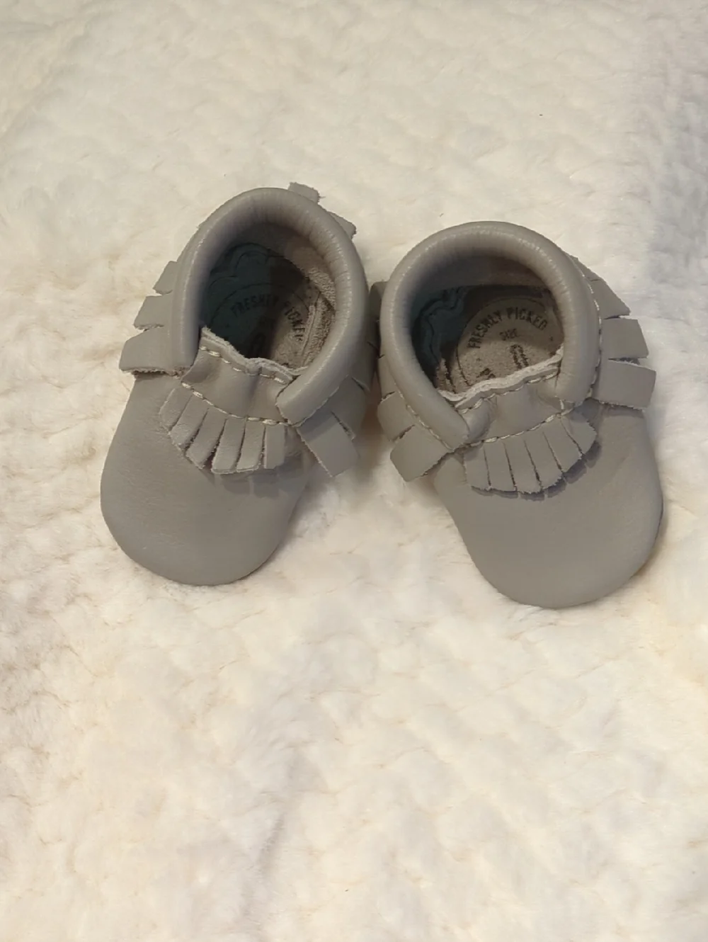 Freshly Picked Light Gray Fringe Baby Moccasins